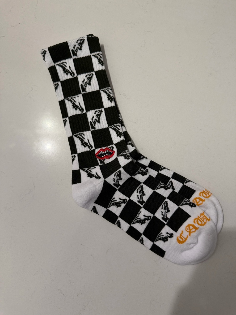 Chrome Hearts Black & White Checkerboard Crew Socks with Red Lip Accent ONE PAIR